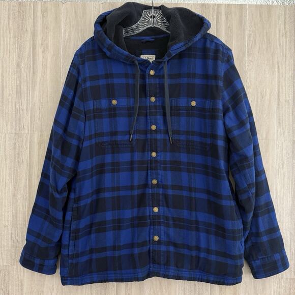LL Bean Jacket Mens Medium Flannel Blue Plaid Sherpa Lined Warm Hooded Outdoors - Picture 1 of 10